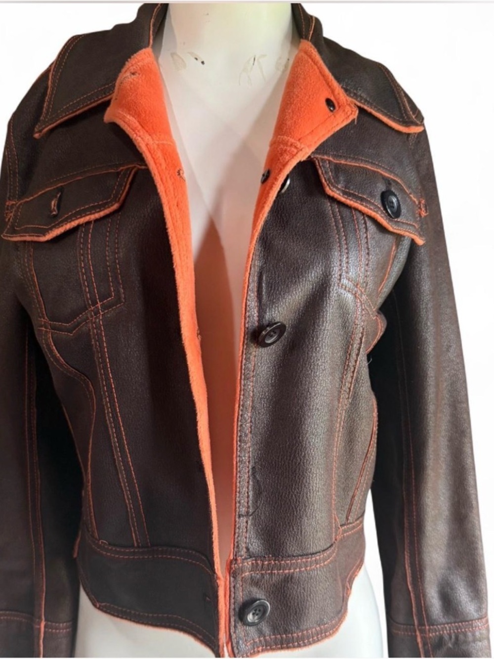 Brown Faux Leather Jacket with Orange Sherpa Lining